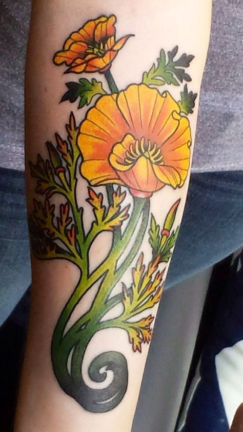 Art Nouveau-inspired California poppy by Mason Larose, Tattoo Zoo, Victoria - Imgur Art Nouveau Floral Tattoo, Art Nouveau Poppy, Fleurs Art Nouveau, Art Deco Tattoo, Art Nouveau Tattoo, Poppy Tattoo, Nouveau Tattoo, Poppies Tattoo, Art Nouveau Flowers