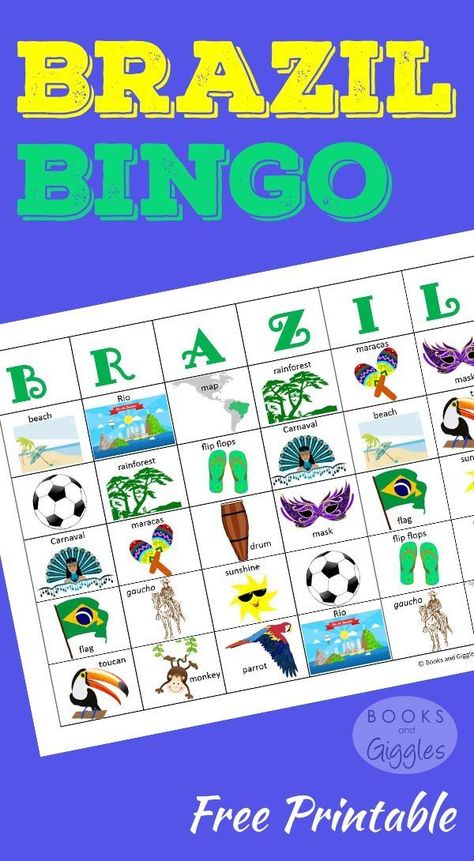 A colorful set of bingo cards and a fun game cube to learn about Brazil. Plus, some fun facts to go along with the game cards. For kids of all ages. Around The World Theme, Portuguese Lessons, Homeschool Geography, World Thinking Day, Learn Portuguese, Cards For Kids, Bingo Games, Game Cards, Bingo Cards