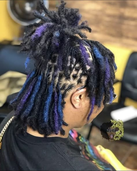 Blue And Purple Locs Black Women, Dreadhead Colors, Dyed Locs Black Women Ombre, Black And Purple Locs, Blue And Green Locs, Blue And Purple Locs, Locs Dyed Black Women, Dyed Loc Tips, Turquoise Locs