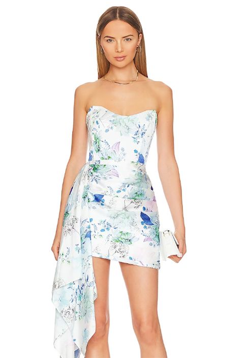 best floral dresses 2024 strapless satin bustier mini Floral Print Dresses, Pretty Floral Dress, Satin Bustier, White Floral Print Dress, Fashion Network, Trends For 2024, Womens Floral Dress, Dresses 2024, Floral Print Maxi