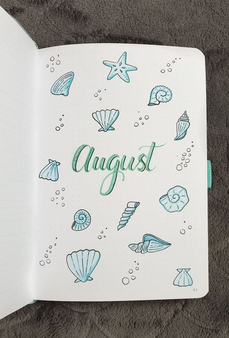 August bullet journal cover page 2019 blue ocean sea shell themed summer bujo Summer Bujo, August Bullet Journal Cover, August Bullet Journal, Bullet Journal August, Journal Cover Page, Bullet Journal Month, Kalender Design, Bullet Journal Cover, Bullet Journal Page