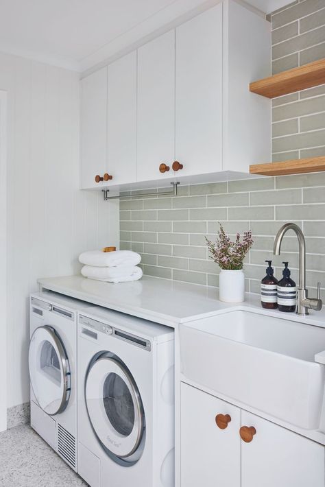 Small Beach House Laundry Room, Subway Tiles Laundry Backsplash Ideas, Laundry Splashback Tiles Green, Laundry Wall Tiles, Coastal Hamptons Style Bathroom, Green Tile Laundry, Small Laundry Room Inspiration, Sage Laundry Room, Laundry Floor Tiles