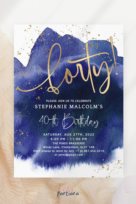 Self-editable 5x7" invite - follow the link for details and free demo! ♦ Easily edit online in your browser then download and print or send digitally ♦ An amazing navy blue with gold lettering and sparkle for a 40th birthday invitation - perfect for a sophisticated adult’s celebration for any gender ♦ #40thbirthdayideas #bluepartytheme #bluegoldinvite #bluegoldparty #adultbirthdayideas #40thbirthday #40thbirthdayideas #editableinvitation #printableinvite Blue 40th Birthday Party Ideas, 50th Birthday Invites For Men Templates, 40 Shades Of Blue Birthday Party, 40th Dinner Party, Philippines Clothes, Blue Dinner Party, Blue And Gold Party, Blue Party Themes, 40th Birthday Party Invites