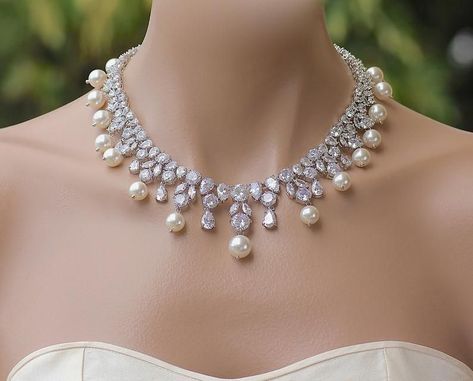 Pearl White Crystal Bridal Necklace For Anniversary, Bridal Necklace With Pearl Drop For Wedding, Pearl White Crystal Bridal Necklace For Wedding, Crystal Bridal Necklace With Pearl Drop For Anniversary, Crystal Pearl Drop Necklace For Wedding, Anniversary Crystal Bridal Necklace With Pearl Drop, Statement Wedding Jewelry, Crystal Wedding Necklace, Bridal Pearl Necklace