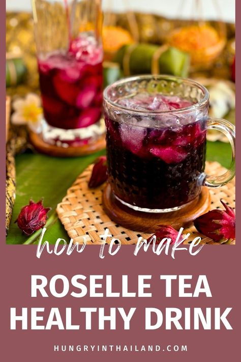 Discover the refreshing taste of Roselle Tea, made from red hibiscus flowers. You can enjoy it iced and learn about its various health benefits, using either dried or fresh flowers. Roselle Recipes, Hibiscus Roselle Recipes, Rose Petal Tea Recipes, Raspberry Hibiscus Tea Benefits, Roselle Juice, Rose Hibiscus Tea, Tea Recipes Loose Leaf, Roselle Tea, Hibiscus Tea Benefits