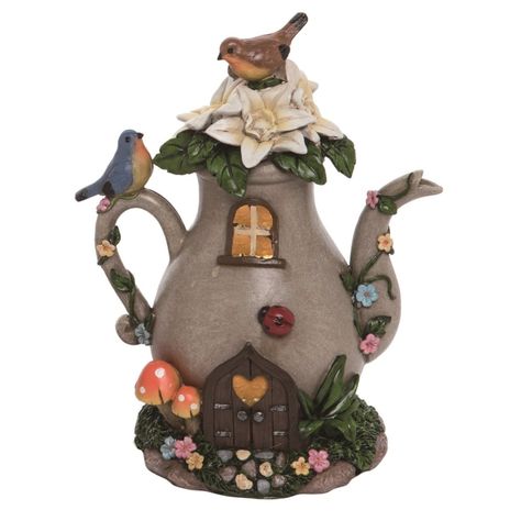 Teapot Fairy House, Canning Jar Lights, Solar Light Chandelier, Solar Light Crafts, Fairy Tree Houses, Clay Fairy House, House Outdoor, Fairy Tree, Clay Fairies