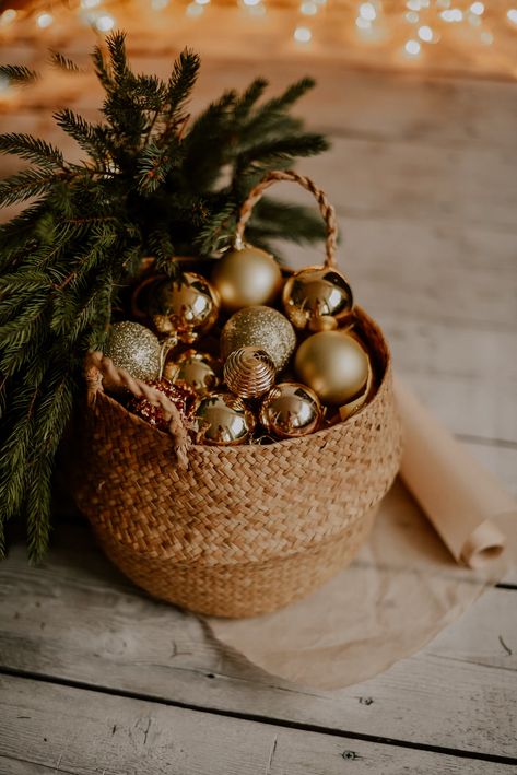 a basket filled with ornaments on top of a wooden table photo – Free Christmas Image on Unsplash Christmas Shoot, Minimalist Christmas, Christmas Photoshoot, New Year Decor, White Christmas Tree, Christmas Mood, Christmas Aesthetic, Christmas Images, Free Christmas