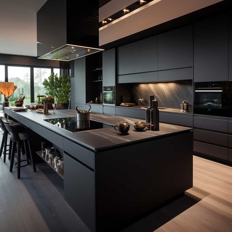 Modern American Kitchen, Luxury Black Kitchen, American Kitchen Design, Black Kitchen Design, Modern Black Kitchen, Modern Luxury Kitchen, Interior Vintage, تصميم للمنزل العصري, Modern Kitchen Cabinets