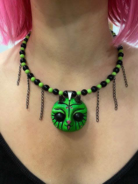 Funny necklace Spirit choker Green beast necklace Cute locket Mystical jewelry Weird choker Funky choker Quirky necklase Festival look by MateniArt on Etsy Weird Jewelry Necklace, Funny Necklace, Weird Jewelry, Accessory Inspo, Mystical Jewelry, Necklace Cute, Festival Looks, Recycled Leather, Unusual Gifts