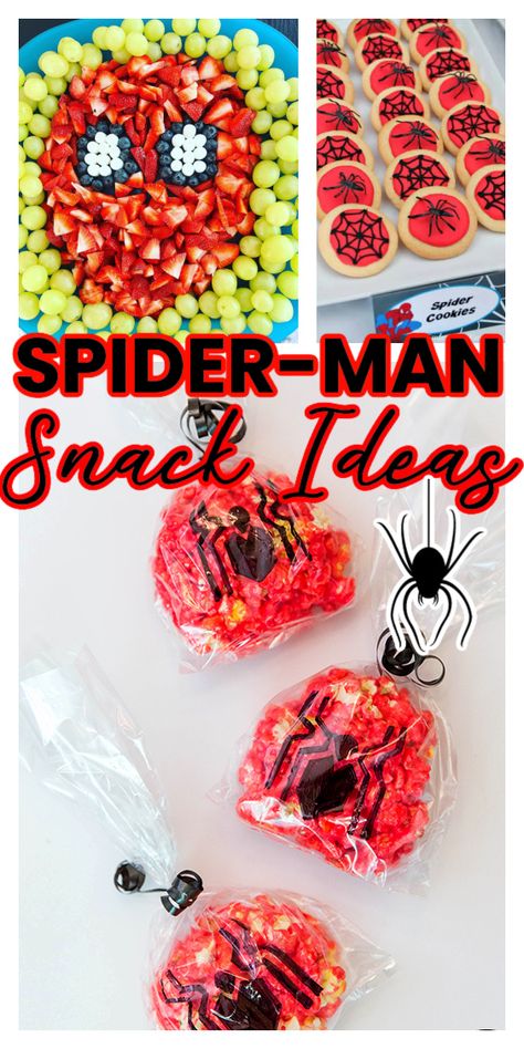 Collage of Spiderman Snack Ideas Spider Man Birthday Party Snacks, Spiderman Themed Food Ideas, Spiderman Vegetable Tray, Spiderman Appetizers, Spiderman Snack Ideas, Spider Man Birthday Theme Ideas, Spiderman Snacks Ideas Parties Food, Spidey Snack Ideas, Spider Man Appetizers