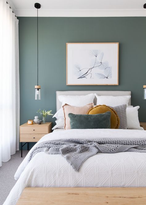 Turqoise Bedroom, Sky Bedroom, Green Bedroom Colors, Sage Bedroom, Feature Wall Bedroom, Teal Bedroom, Sage Green Bedroom, Small Bedroom Designs, White Bed