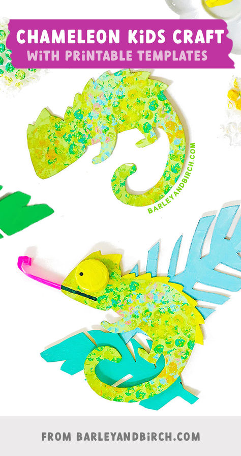 Examples of our kids chameleon craft sitting with paper jungle leaves on a white background Recycled Crafts Preschool, Easy Fun Crafts, Cameleon Art, Chameleon Craft, Reptile Crafts, Rainforest Crafts, Easy Recycled Crafts, Rainforest Activities, Diy Fascinator