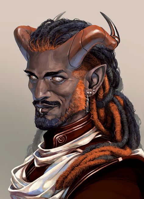 Arcanaloth Art, Dnd Characters Character Concept Art, Satyr Portrait, Black Tiefling Male, Horned Character Design, Black Dnd Characters, Dnd Character Portraits, Dnd Male Character Design, Dnd Npc Art