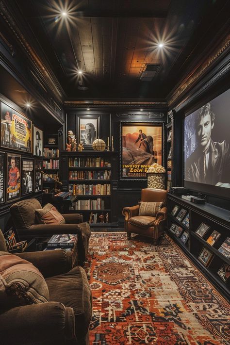 Movie Nook Spaces, Gothic Home Theater, Film Noir Decor, Movie Room Luxury, Vintage Movie Theater Interior, Dark Academia Tv Room, Moody Movie Room, Film Room Ideas, Interior Design Creative Ads