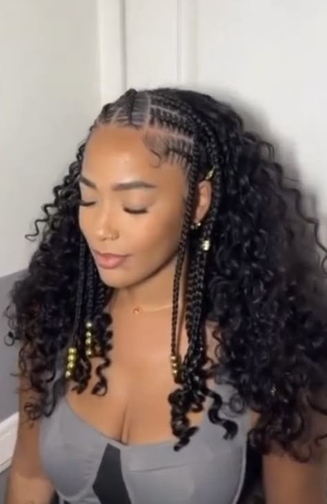 Black Women Hairstyles Quick, Feed In Crochet Hairstyles, Braid In Front Curly Weave In Back, Cornrows And Crochet, Braids With Short Curly Hair, Fulani Braids With Curly Sew In, Half Braid Half Weave Hairstyles, Fulani Braids With Sew In Curls, Curly Sew In With Braids