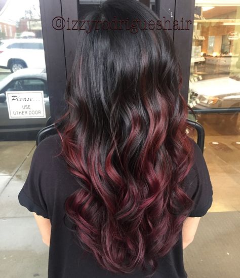 Dark Maroon Hair Highlights, Red Hair Balayage Black, Black And Wine Hair Color, Dark Hair With Burgundy Underneath, Dark Roots With Burgundy Hair, Wine Balayage, Black Brown And Red Hair, Black Burgundy Balayage, Dark Brown Hair With Wine Highlights