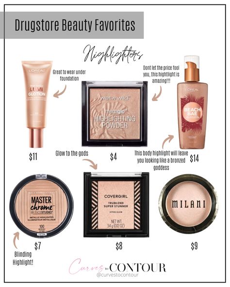 Drugstore Best Highlighters | Beauty Favorites | Curves To Contour. L'Oreal, Wet Wild, Milani, Covergirl, FaceStudio. Products For Glowing Skin, Best Highlighters, Best Drugstore Products, Skincare Favorites, Paris Makeup, Best Highlighter, Holiday Makeup Looks, Beauty Products Drugstore, Holiday Makeup