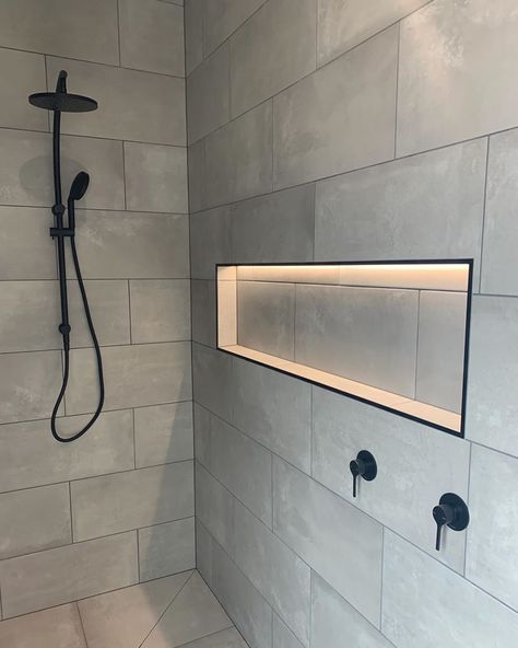 Allchin Builders on Instagram: “Did you know shower niches are a standard inclusion in all of our homes?  Here is one of our faves with LED strip lighting added to make it…” Bathroom Strip Lighting, Led Strip Lighting Ideas Bathroom, Niche Lighting Ideas, Niche In Shower, Shower Led Lights, Led Strip Bathroom, Bathroom Niche Design, Adu Bathroom, Led Strip Lighting Ideas