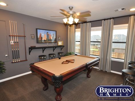 #gameroom with wall mount bar shelves and pool table Easton Model Home | Brighton Homes® | www.brightonhomes.com Pool Table Decor Ideas, Gameroom Pool Table, Home Bar Pool Table, Pool Table Garage Ideas, Home Pool Table Room Ideas, Pool Table Rooms, Small Pool Table, Pool Room Ideas, Billards Room