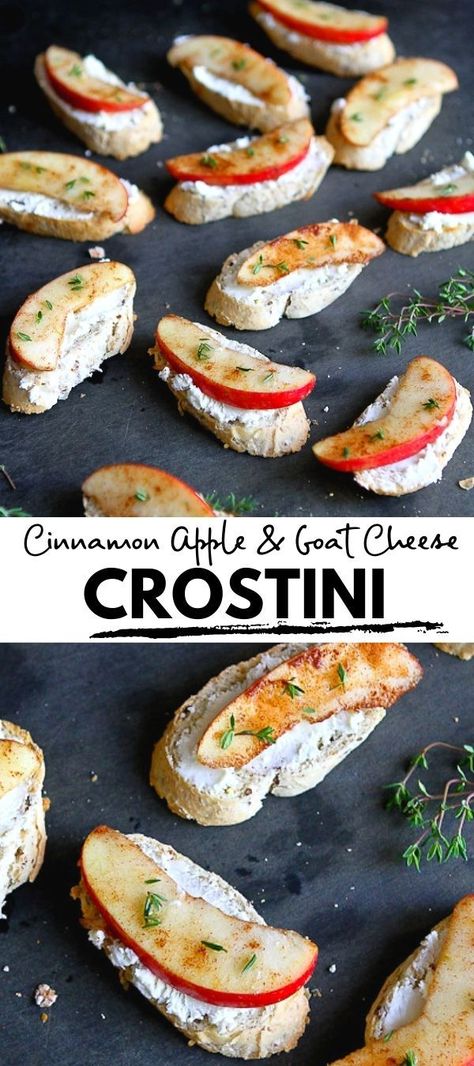 Apples and goat cheese on pieces of baguette. Apple Goat Cheese, Snack Appetizers, Crostini Appetizer, Crostini Recipe, Cheese Crostini, Goat Cheese Crostini, Crostini Appetizers, Apples Cinnamon, Crostini Recipes