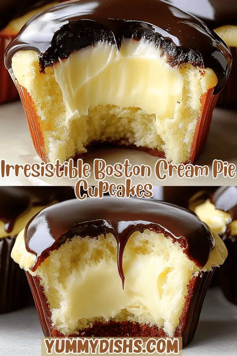 Boston Cream Pie Cupcakes Cupcake Recipes Yellow Cake, Bavarian Cream Filled Cupcakes, Boston Cream Pie Cupcakes Recipe, Boston Creme Filling, Boston Crème Pie Cupcakes, Boston Cream Cupcakes Easy, Boston Cream Recipes, Yellow Cupcakes Ideas, Boston Cream Cupcakes Recipe