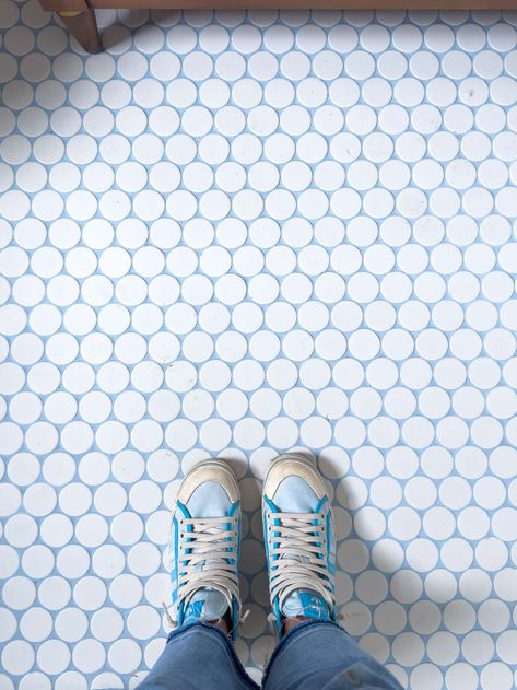 Fun Grout Colors, Fun Tile Laundry Room, Kids Shower Ideas Bathroom, White Tile Colored Grout, Colored Grout White Tile, White Tile Blue Grout, Powder Room Tile Floor, Fun Colorful Bathroom, Gingham Tile