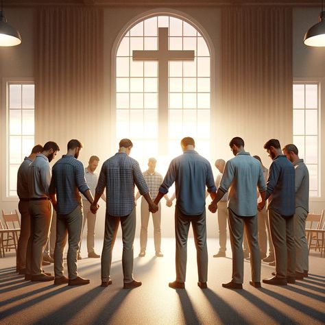 An indoor scene of a prayer breakfast with men standing in a circle, holding hands, with heads bowed in reverence. The room has gentle lighting, a large cross on the wall, and windows showing a peaceful sunrise. The men's faces reflect sincerity and shared spiritual journey, conveying the essence of seeking God's guidance together. Praying In Church, Spiritual Men, Peaceful Sunrise, Gentle Lighting, Men Standing, Prayer Breakfast, Church Fellowship, Prayer Images, Man Praying