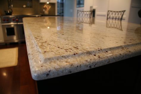 Colonial Cream Granite Island Counter with Ogee Edge Profile Countertop Profiles, Kitchen Counter Edges, Granite Edge Profiles, Granite Showroom, Colonial Cream Granite, Granite Countertop Edges, Countertops Laminate, Counter Top Edges, Installing Kitchen Countertops