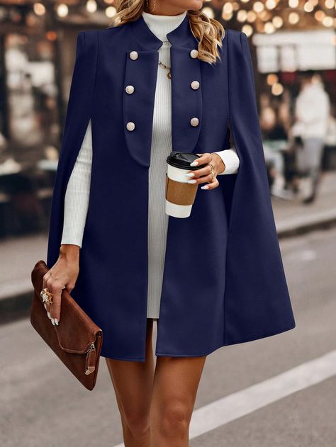 Women's Elegant Wool Blend Double-Breasted Cape Coat For Autumn Winter Navy Blue Elegant  Long Sleeve Woven Fabric Plain Cape Non-Stretch  Women Clothing, size features are:Bust: ,Length: ,Sleeve Length: Light Blue Peacoat, Winter Cape Coat, Mantel Cape, Office Wear Women, Elegant Coats, Knitted Cape, Wool Cape, Women Overcoat, Capes For Women