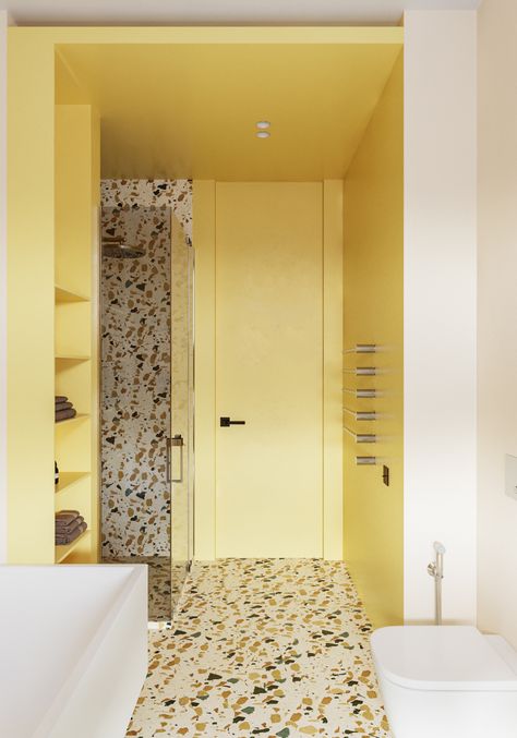 Floors Colors, Light Yellow Walls, Children Beds, Terrazzo Bathroom, Mini Bad, Yellow Interior, Yellow Decor, Yellow Bathrooms, Basement Remodel