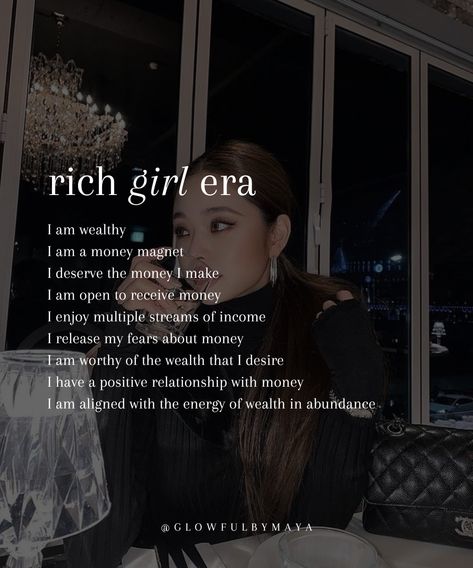 rich girl affirmations • affirmations for the wealthiest era of your life #abundance #lawofassumption #manifestation #dreamlife • glowfulbymaya Rich Life Affirmations, Rich Lifestyle Vision Board, Rich Girl Mindset, Rich Girl Affirmations, Rich Girl Vision Board, Rich Girl Manifestation, It Girl Affirmations, I Am Rich Affirmations, Fame Affirmations