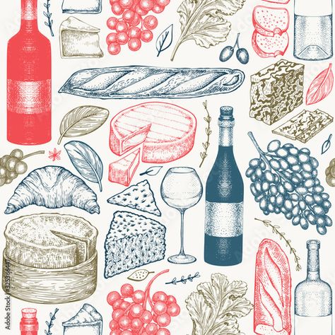 Stock Image: French food illustration seamless pattern. Hand drawn vector picnic meal illustrations. Engraved style different snack and wine design. Vintage food background. Food Background, Vintage Food, Food Backgrounds, Wine Design, Illustration Food, French Wine, Food Illustration, Hand Drawn Vector, French Food