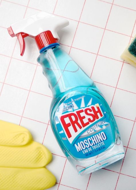 read all about the new Fragrance by moschino: Moschino 'Fresh', it comes in a kitchen cleaner style bottle! Moschino Fresh Perfume, Cleaning Products Design, Moschino Perfume, Jimmy Choo Perfume, Ariana Perfume, Black Perfume, Kitchen Cleaner, Green Bottle, Luxury Perfume