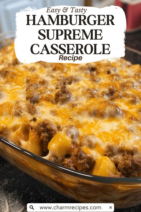 Hamburger Supreme Casserole is a hearty and delicious dish that brings together ground beef, pasta, and a rich, creamy sauce, all topped with melted cheese. This comforting casserole is perfect for family dinners, potlucks, and any occasion where you want to serve something satisfying and crowd-pleasing. Its layers of flavors and textures make it a beloved favorite that's sure to become a staple in your home. Hot Dish Recipes Hamburger, Dinner Ideas To Make With Ground Beef, Top Beef Recipes, Hot Dishes Casserole Ground Beef, Hamburg Ideas For Dinner, Quick And Easy Hamburger Casserole, Ground Beef Country Casserole, Hamburger Main Dishes, Precooked Hamburger Recipes