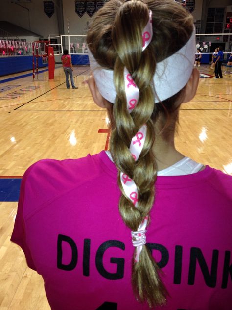 pink out volleyball game braid - I just tied the ribbon to the hair band and had my friend braid it in Pink Out Volleyball Game, Volleyball Ribbons, Dig Pink Volleyball, Pink Out Volleyball, Hairstyles Basketball, Volleyball Braids, Dig Pink, Volleyball Bows, Softball Hair