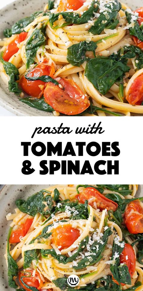 This easy pasta with tomatoes and spinach is ready in less than 20 minutes and it's packed with fresh spinach and cherry tomatoes. It's delicious, juicy, garlicky. #pastarecipes #meatlessdinners #easydinnerrecipes #spinachrecipes What To Do With Spinach Going Bad, Pasta And Veggies Recipes Dinners, Recipes With Spinach Healthy, Fresh Spinach Recipes Easy, Italian Spinach Recipe, Pasta With Tomatoes And Spinach, Spinach Dishes, Fresh Spinach Recipes, Spinach Recipes Healthy