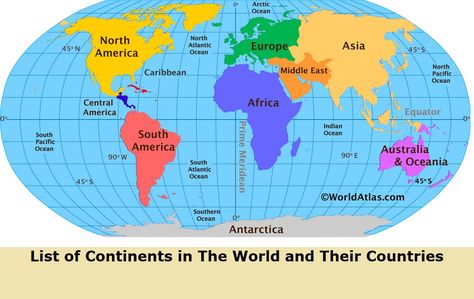 List of Continents in The World and Their Countries Map Of Continents, World Map Continents, English Essays, Family Night Activities, Travel Theme Classroom, World Map With Countries, Continents And Countries, Seven Continents, The Continents