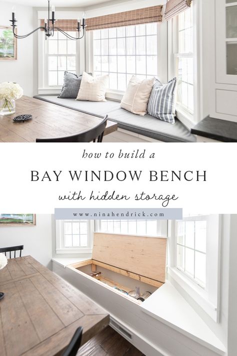 Bay Window Floating Bench, Dining With Bay Window, Bay Window Bench Seat Dining Room, Storage Around Window Kitchen, Bay Breakfast Nook, Add Bay Window, Breakfast Bay Window, Built In Around Bay Window, Updating Bay Window