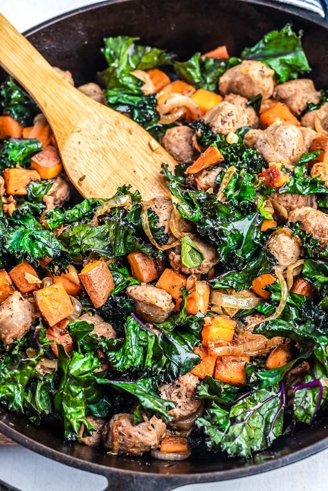 Sweet Sausage Dinner Recipes, Sweet Potato Kale Skillet, Kale Potatoes And Sausage, Kale Sausage Recipes, Sausage Kale Recipes, Dinners With Kale, Kale And Sausage Recipes, Lamb Sausage Recipes Dinners, Sausage And Kale Recipes