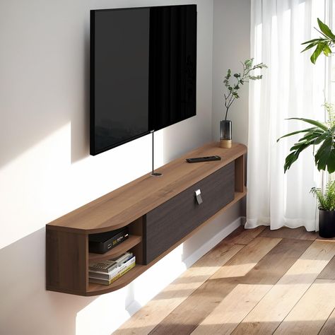 Space Saving Tv Cabinet, Wall Mounted Tv Shelf Ideas, Tv Cabinet For Small Bedroom, Tv Wall Without Console, Samsung Frame Tv In Bedroom, Floating Credenza Under Tv, Floating Tv Console Ideas, Tv Cabinet Ideas Wall Mounted, Tv Design Bedroom