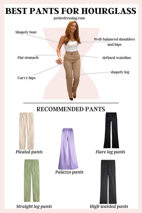 Fashion tips:Stretch Fabric Best Outfits For Hourglass Shape, Hour Glass Figure Clothing Style, Pants For Hourglass Shape, Bottom Hourglass Outfits, Hourglass Tips, Hourglass Body Shape Fashion, Pants Guide, Hourglass Body Shape Outfits, Hourglass Figure Outfits