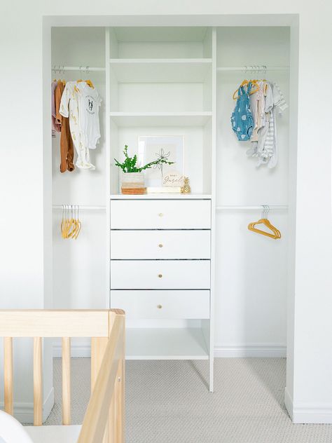 Ikea Aurdal Closet Hack, Closet Inserts, Nursery Ikea, Ikea Closet System, Small Closet Makeover, Ikea Closet Hack, Ikea Closet Organizer, Toddler Closet, Ikea Pax Closet