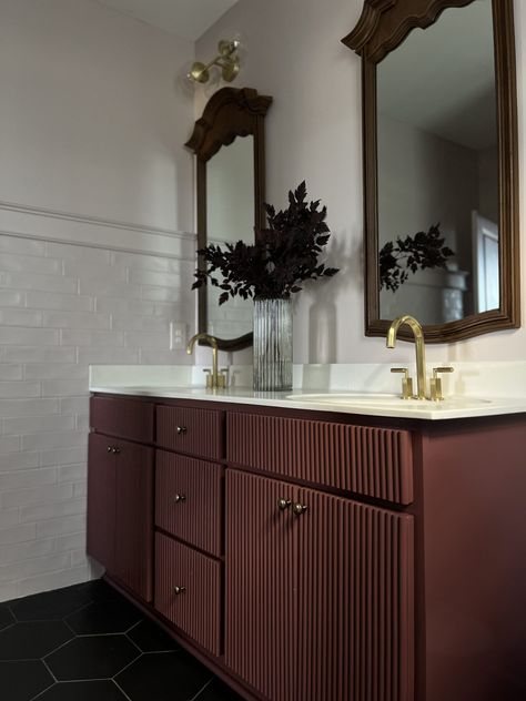 DIY Fluted Bathroom Vanity Makeover (Step-by-Step) | Our Aesthetic Abode Fluted Bathroom Vanity, Fluted Bathroom, Burgundy Bathroom, Builder Grade Bathroom, Cabinet Door Makeover, Bathroom Cabinet Makeover, Bathroom Cabinet Colors, Modern Vintage Bathroom, Painted Vanity Bathroom