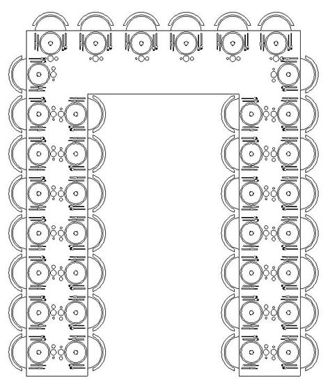 Horseshoe style seating T Shaped Wedding Seating, U Shaped Wedding Seating Table Arrangements, Seating For Wedding Reception, U Shape Seating Wedding, Wedding Table U Shape, U Shape Table Set Up, Wedding Table Placement Layout, U Shape Wedding Table Layout, Table Set Up For Wedding Layout