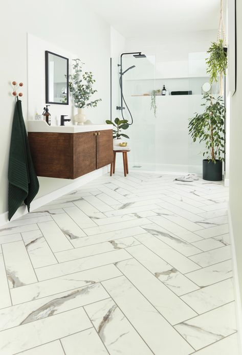 Bathroom Trends 2024: Colours to Tiles | Sanctuary Bathrooms Vinyl Bathroom Flooring, Marble Herringbone, Luxury Vinyl Tile Flooring, Vinyl Tile Flooring, Lvt Flooring, Resilient Flooring, Tile Trends, Calacatta Marble, Best Flooring