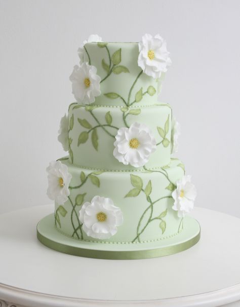 light green Light Green Cake Ideas, Light Green Birthday Cake, Green Fondant Cake, Pastel Green Cake, Light Green Cake, London Cake, Green Cake, Tiered Cake, Painted Cakes