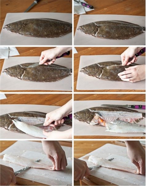 How to Fillet A Flat Fish - a simple description and step-by-step photos on how to fillet a flat fish (flounder), as well as simple preparation ideas for the kitchen. Flounder Fillet, Flat Fish, Cleaning Fish, Salmon And Asparagus, Fish Stock, How To Cook Fish, Culinary School, Beautiful Plates, Fish Camp