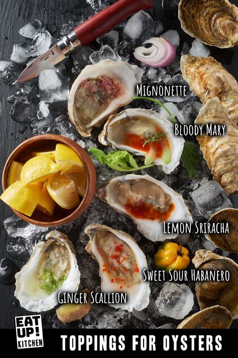 Oysters With Mignonette, Sauces For Raw Oysters, Raw Oysters On The Half Shell, Oyster Toppings Raw, Raw Oysters Toppings, Oyster Charcuterie Board, Oyster Menu Design, Oyster Recipes Raw, Minionette For Oysters