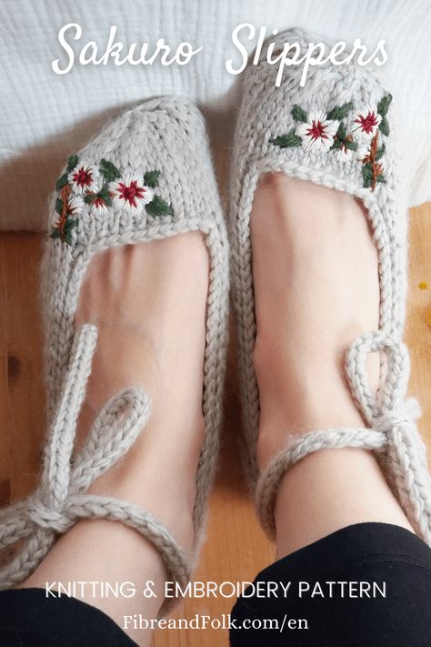 Sakuro Knitting & Embroidery Slippers • Fibre & Folk Embroidery Slippers, Knit Tutorial, Fingerless Mittens Pattern, Designer Knitting Patterns, Knitting Embroidery, Crochet Socks Pattern, Ballerina Style, Aran Weight Yarn, Ballerina Slippers