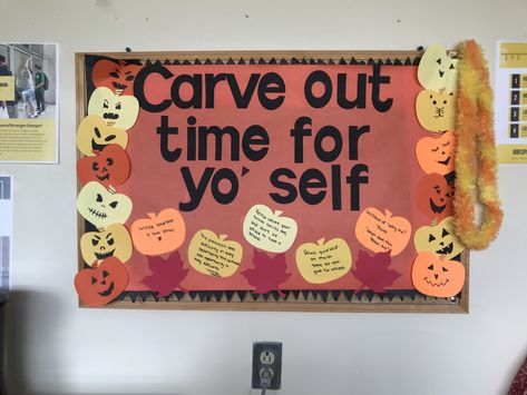 October Staff Bulletin Board, Halloween Self Care Bulletin Board, Academic Advising Bulletin Board, October Ra Board Ideas, Science Bulletin Board Ideas High School, Fall Bulletin Board Ideas College, School Bulletin Boards Highschool Aesthetic, Self Care Bulletin Board College, November Bulletin Board Ideas College